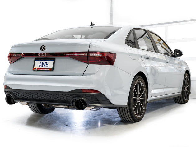 AWE Tuning 22-25 Volkswagen Jetta GLI Touring Edition catback exhaust with diamond black tips, showing the sleek chrome finish and pipe details.
