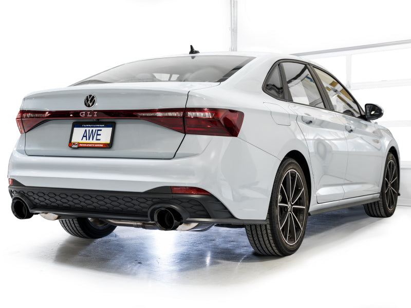 AWE Tuning 22-25 Volkswagen Jetta GLI Touring Edition catback exhaust with diamond black tips, showing the sleek chrome finish and pipe details.
