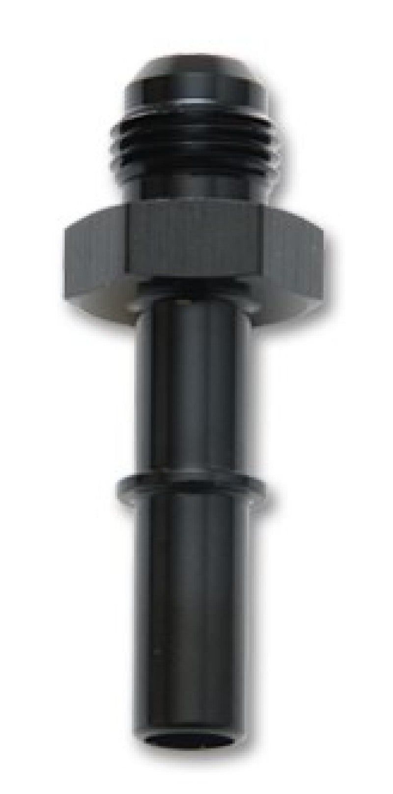 Vibrant black EFI adapter fitting with -8AN to 5/16 inch quick connect push-on fitting for fuel system connections.