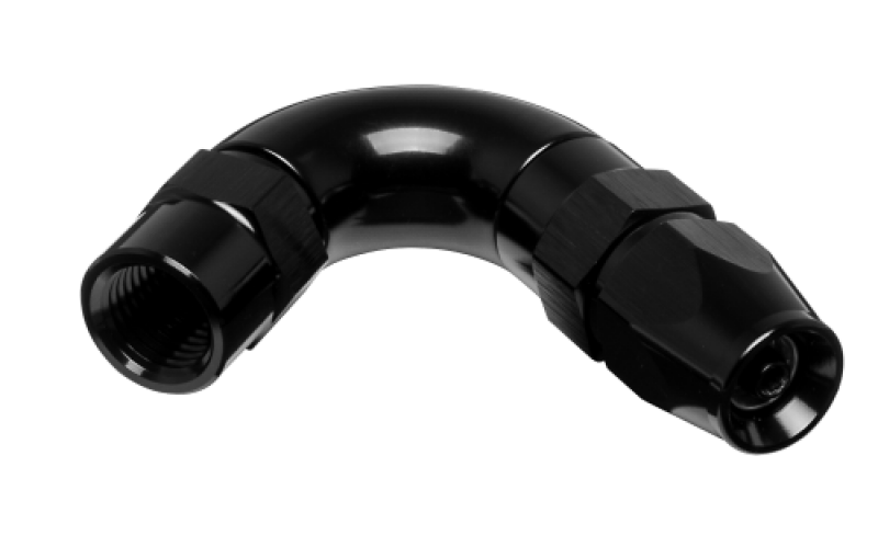 Vibrant high flow 3AN 120° aluminum hose end fitting for PTFE lined flex hose, showing the fitting's shape and metallic finish.