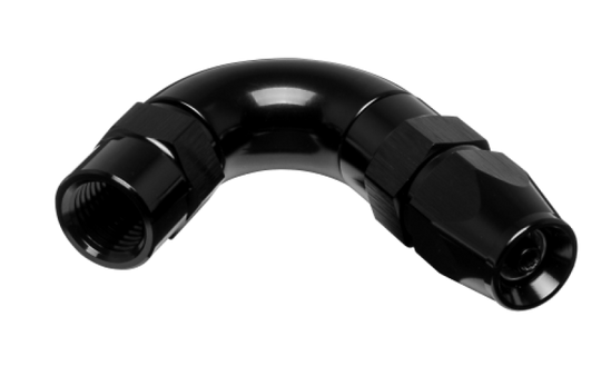 Vibrant high flow 3AN 120° aluminum hose end fitting for PTFE lined flex hose, showing the fitting's shape and metallic finish.