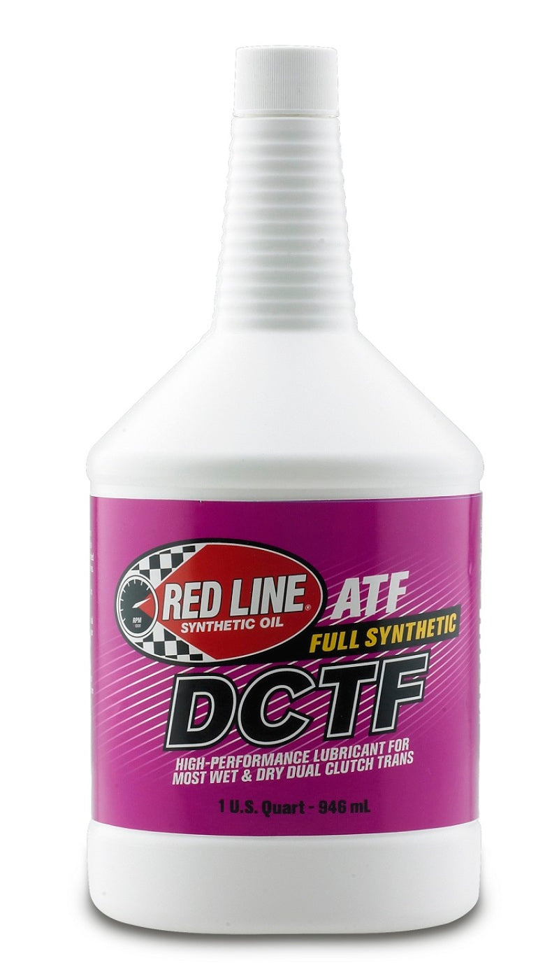 Red Line DCTF dual clutch transmission fluid quart bottle, gear oil designed for seamless shifting and transmission protection.