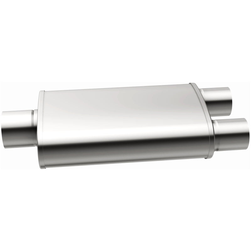 MagnaFlow Mag SS muffler with 22x5x11 inch dimensions and dual outlet, stainless steel construction for automotive exhaust systems.