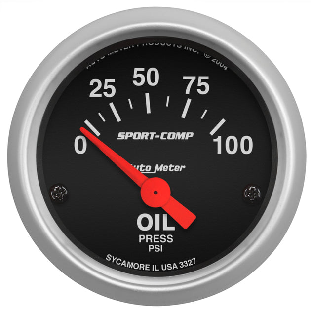 AutoMeter Sport-Comp 52mm electronic oil pressure gauge displaying a 0-100 PSI dial with digital readout.