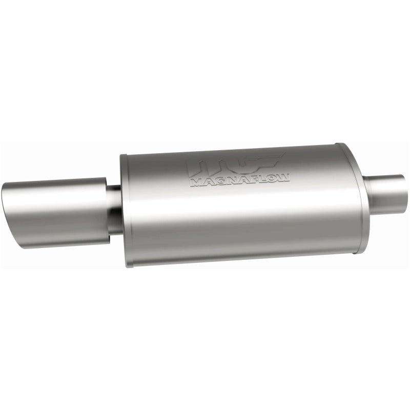 MagnaFlow stainless steel muffler with tip, 14x5x8 inches, featuring 2.25/4 inch inlet and outlet pipes, automotive exhaust component