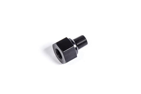 Radium Engineering M10x1mm female fitting connecting to 1/8NPT male fitting, metal hydraulic fitting with threaded ends.