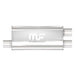 MagnaFlow Mag SS muffler with 18x5x8 inch size, dual 2.5-inch inlet and outlet pipes, shiny stainless steel finish.
