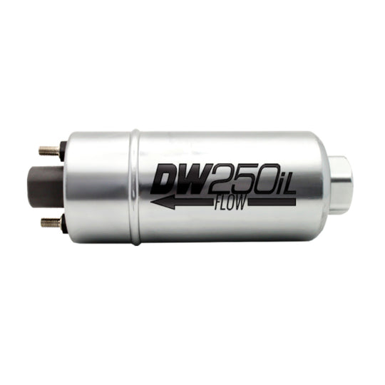 DeatschWerks 250LPH external inline fuel pump with no bracket, compact and durable for high-performance fuel delivery systems.