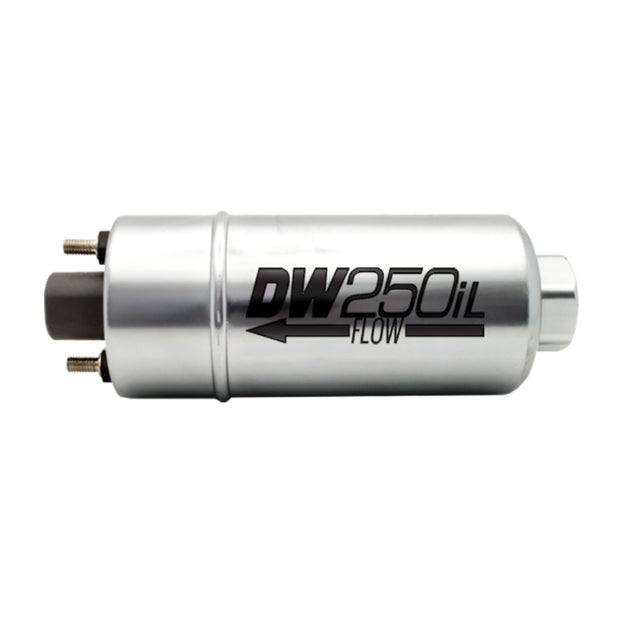DeatschWerks 250LPH external inline fuel pump with no bracket, compact and durable for high-performance fuel delivery systems.