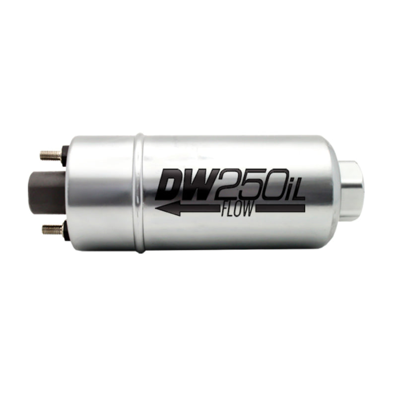 DeatschWerks 250LPH external inline fuel pump with no bracket, compact and durable for high-performance fuel delivery systems.