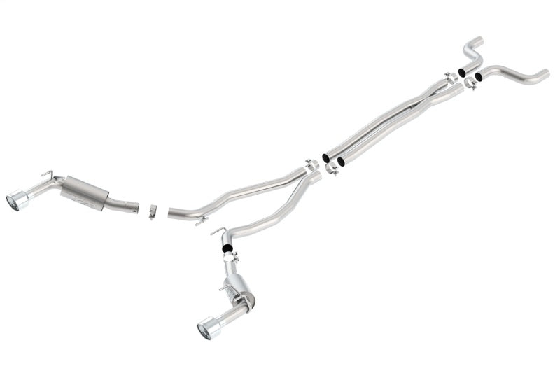 Borla 14-15 Chevy Camaro SS 6.2L V8 catback exhaust with single split rear exit ATAK muffler, showcasing polished stainless steel piping.
