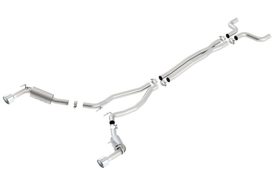 Borla 14-15 Chevy Camaro SS 6.2L V8 catback exhaust with single split rear exit ATAK muffler, showcasing polished stainless steel piping.