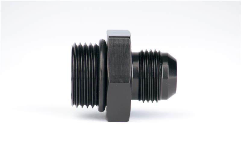 Aeromotive AN-12 O-Ring Boss and AN-10 Male Flare Reducer Fitting showing metal fittings with threaded ends