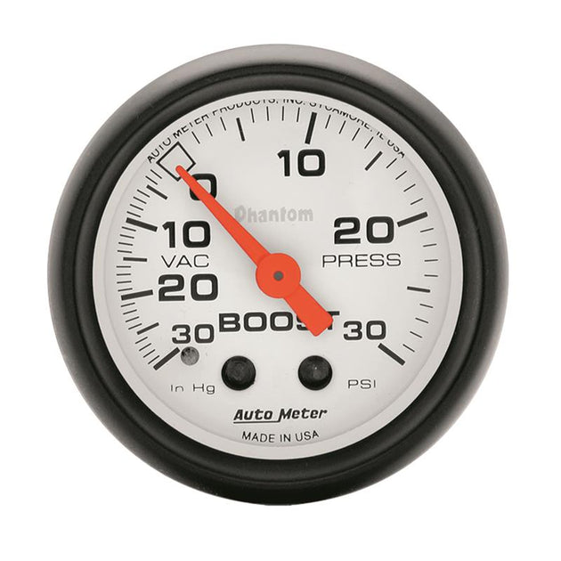AutoMeter Phantom 52mm mechanical boost gauge with 30 PSI measurement for accurate engine boost monitoring.
