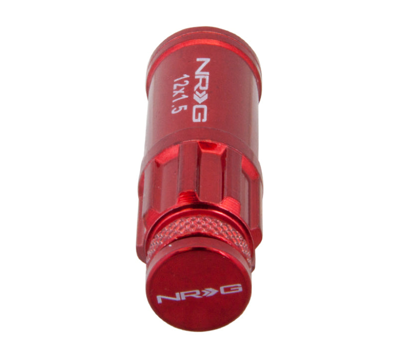 NRG 700 Series M12 x 1.5 steel lug nut set with dust cap covers, locks, and lock socket in red for vehicle wheels.