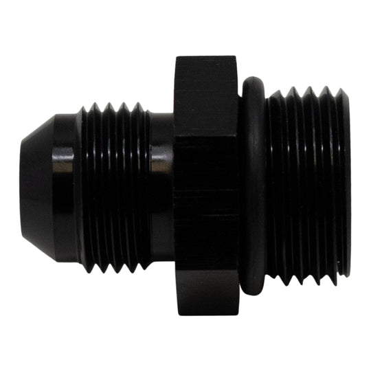 DeatschWerks matte black 10AN ORB male to 8AN male flare fitting with O-ring for fuel or oil line connections.