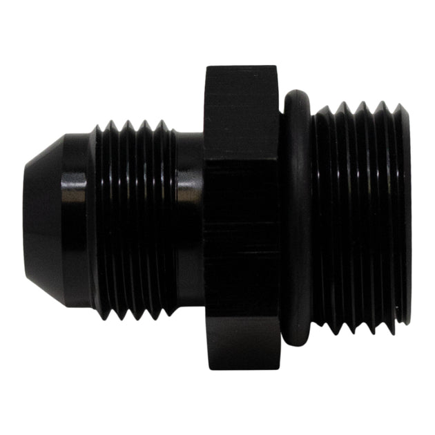 DeatschWerks matte black 10AN ORB male to 8AN male flare fitting with O-ring for fuel or oil line connections.