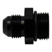 DeatschWerks matte black 10AN ORB male to 8AN male flare fitting with O-ring for fuel or oil line connections.
