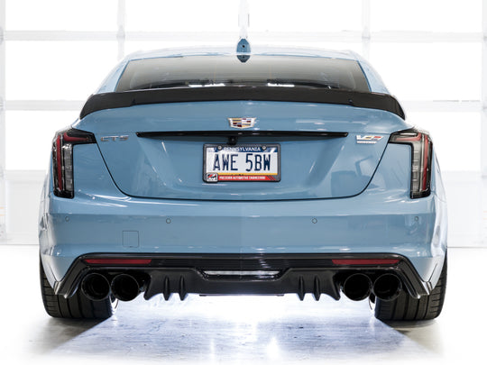 AWE Tuning 22-26 Cadillac CT5-V Blackwing catback SwitchPath exhaust with diamond black tips, showing the sleek exhaust system and tips.