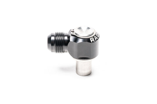 Radium Engineering KA24DE valve cover intake with 10AN male press-fit fitting, automotive engine component, close-up image.