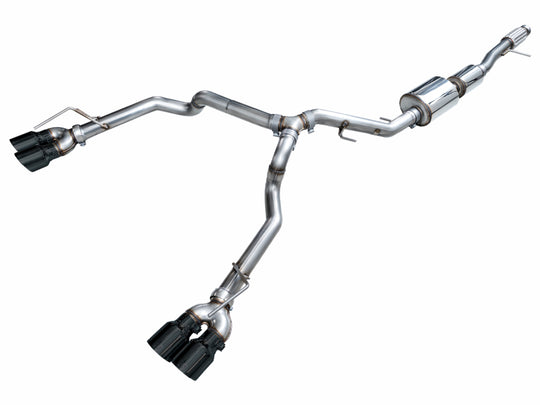 AWE Tuning 2021+ GMC Tahoe/Yukon 5.3L catback exhaust with quad diamond black tips, showcasing polished stainless steel and dual exhaust outlets.