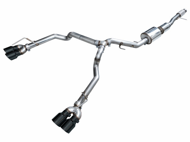 AWE Tuning 2021+ GMC Tahoe/Yukon 5.3L catback exhaust with quad diamond black tips, showcasing polished stainless steel and dual exhaust outlets.