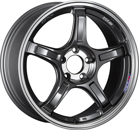 SSR GTX03 cast wheel in gun metallic finish, 18x9.5 inches with 5x114.3 bolt pattern and 38mm offset, shown in the image.