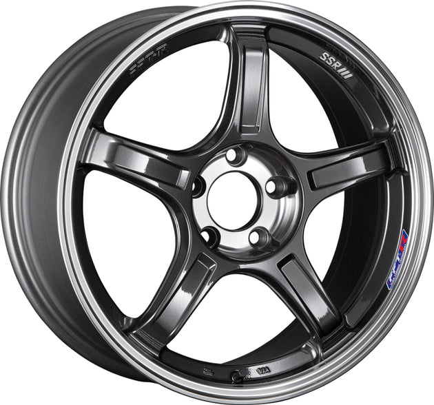 SSR GTX03 cast wheel in gun metallic finish, 18x9.5 inches with 5x114.3 bolt pattern and 38mm offset, shown in the image.