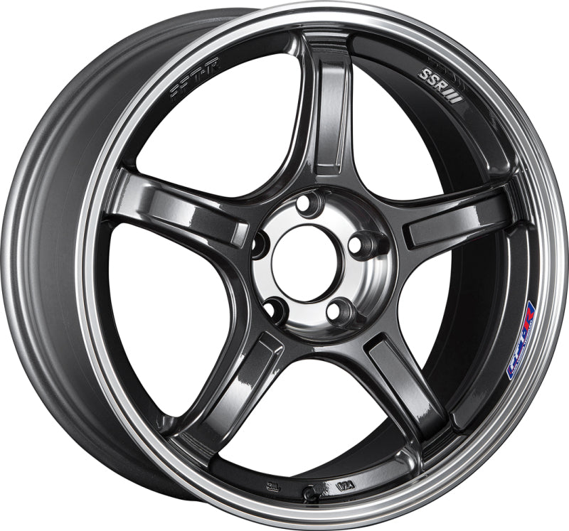 SSR GTX03 cast wheel in gun metallic finish, 18x9.5 inches with 5x114.3 bolt pattern and 38mm offset, shown in the image.