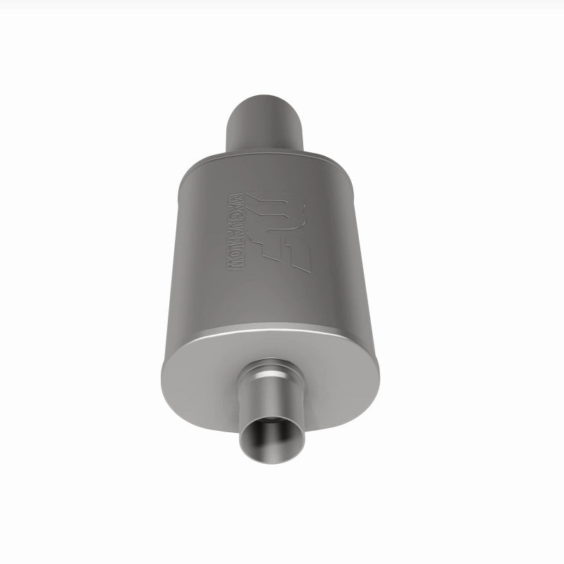 MagnaFlow muffler with exhaust tip, model RS 14X5X8, featuring 2.25/4 inch inlet and outlet, shown with polished finish.