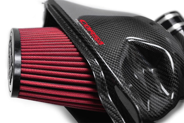 Corsa Chevrolet Corvette C7 6.2L V8 carbon fiber cold air intake with DryTech filter, designed for improved airflow and performance.