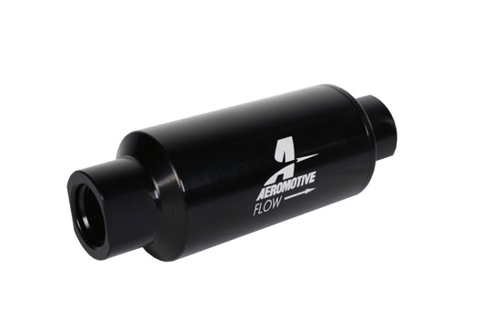 Aeromotive in-line fuel filter with 10AN fittings, 10 micron microglass element, black bright-dip finish, 2-inch diameter.