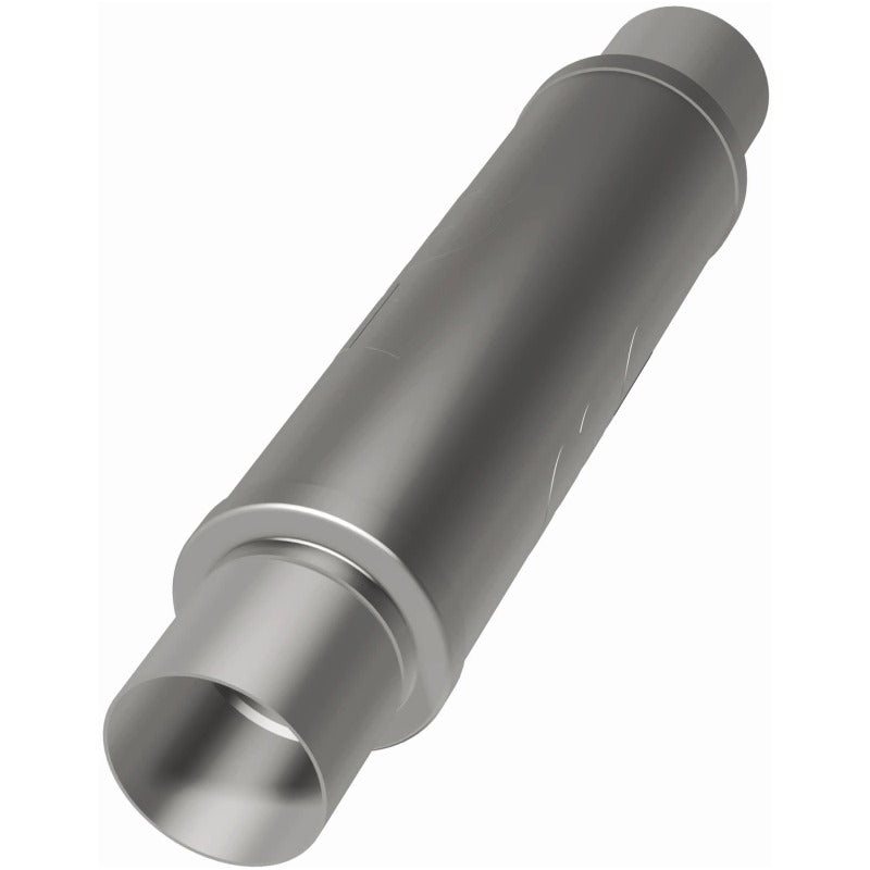 MagnaFlow Mag SS 4x4x14 3 muffler showing stainless steel construction and inlet/outlet connections for truck exhaust systems.