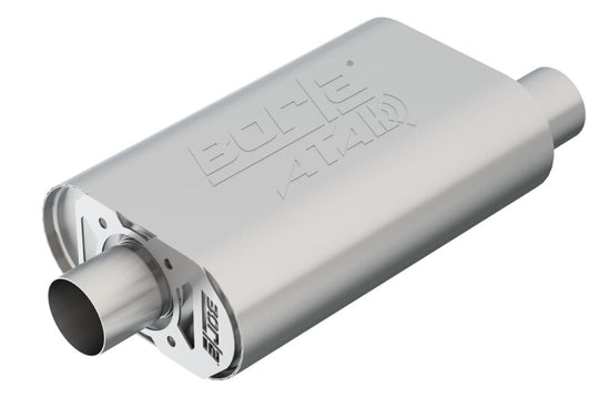 Borla CrateMuffler SBC Hot 350/383 2.5-inch offset/center oval Atak muffler with 14x4.35x9 inch dimensions, black metal finish