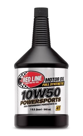 Red Line 10W50 Powersports Motor Oil quart bottle, orange and black label, designed for high-performance motorcycle and powersports engines.
