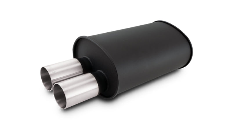 Vibrant Streetpower flat black muffler with dual straight tips, 15-inch body, 2.5-inch inlet, and 3-inch tip OD for automotive exhaust.