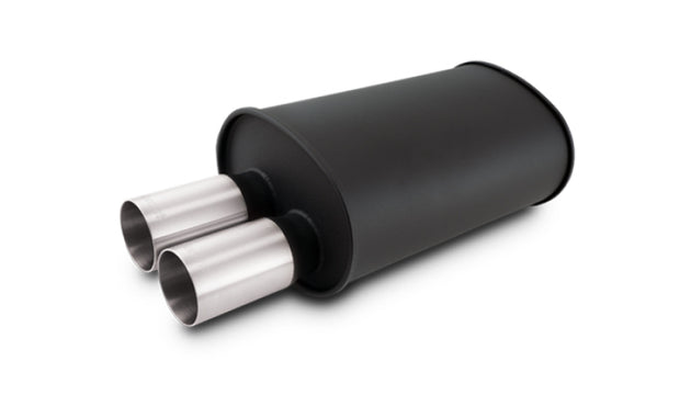 Vibrant Streetpower flat black muffler with dual straight tips, 15-inch body, 2.5-inch inlet, and 3-inch tip OD for automotive exhaust.