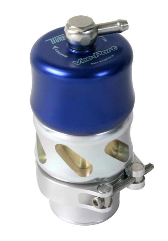 Black Turbosmart Vee Port Pro BOV blow off valve with metal fittings and port connections, designed for turbocharged vehicles.