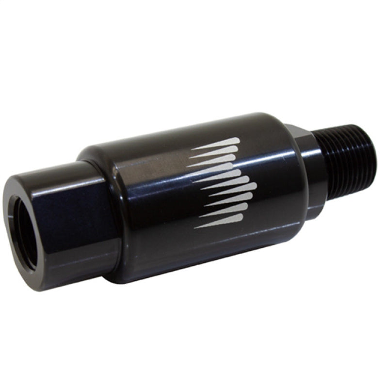 Snow Performance Billet 100 Micron Water Filter for water methanol systems with braided lines, showcasing durable metal construction.
