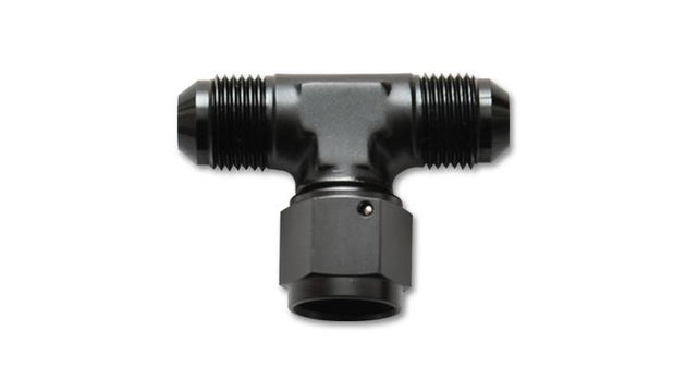 Vibrant -6AN Tee fitting with female swivel side, durable metal automotive fluid connector for high-performance applications