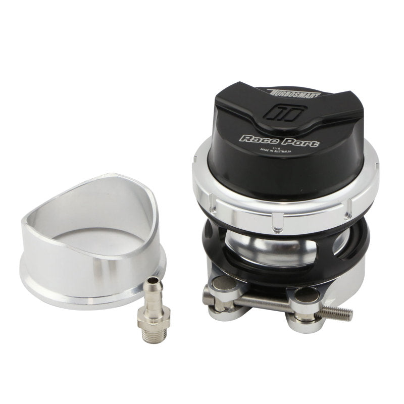 Black Turbosmart Gen V RacePort blow off valve installed on a turbocharged engine, showcasing its sleek design.