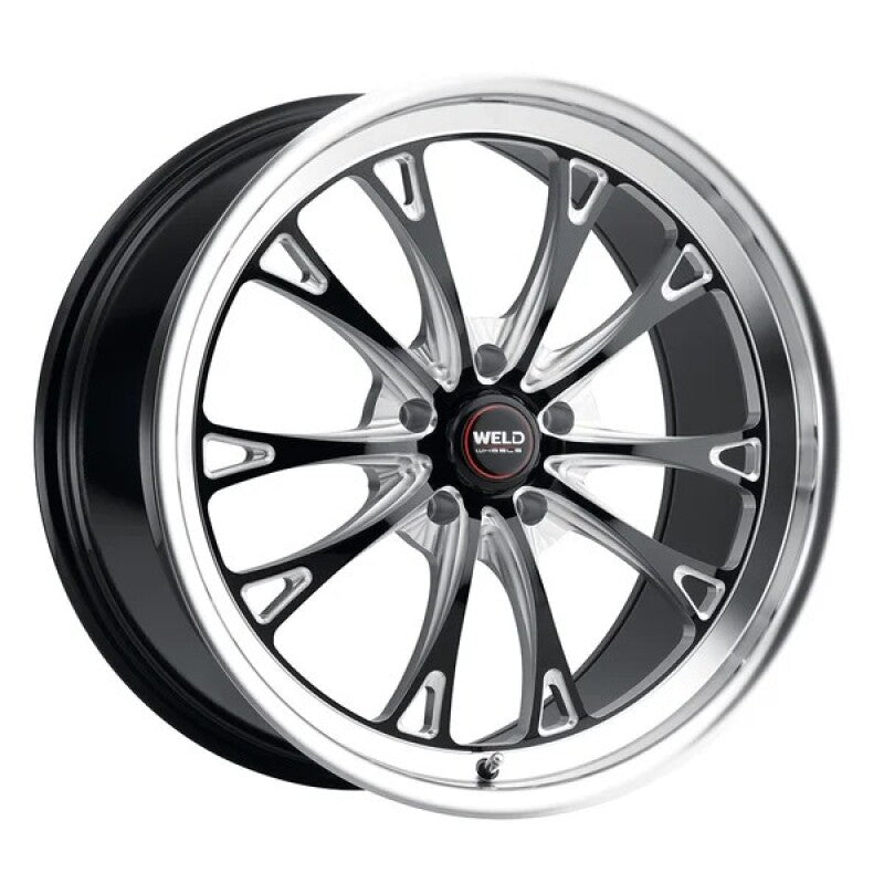 Weld Belmont Drag S157 cast wheel, 17x10 inches, gloss black with milled spokes, 5x114.3 bolt pattern, ET +49.