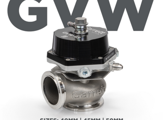 Garrett GVW-50 50mm black wastegate kit showing metal wastegate valve and mounting components on a black background.