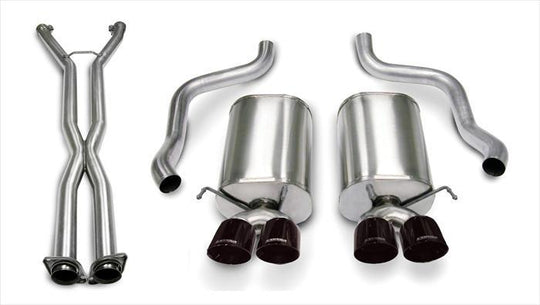 CORSA Performance Axle-Back Sport exhaust system with polished tips and dual mufflers on a vehicle.