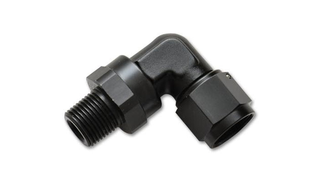 Vibrant -10AN to 1/2 inch NPT female swivel 90-degree adapter fitting, metal construction, shown from an angled perspective.