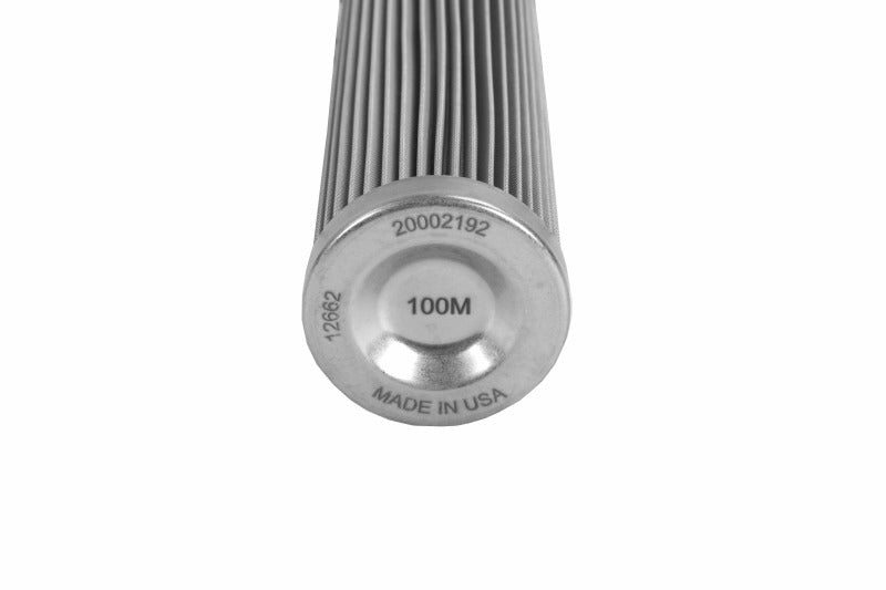 Aeromotive AN-16 inline fuel filter with 100 micron stainless steel element for extreme flow filtration in vehicles.
