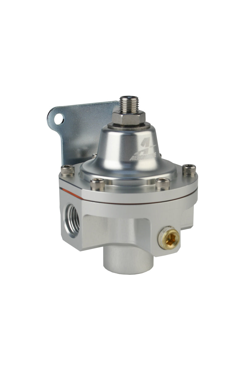 Aeromotive 3-port carbureted bypass fuel pressure regulator with two ORB-06 and one ORB-6 fittings, showing metal body and fittings.