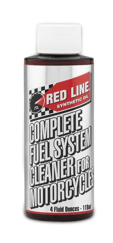 Red Line motorcycle fuel system cleaner additive in a 4oz bottle, designed to clean and improve fuel system performance.