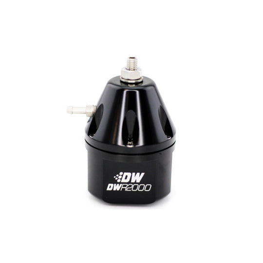 DeatschWerks DWR2000 black adjustable fuel pressure regulator for automotive engines, shown in close-up.