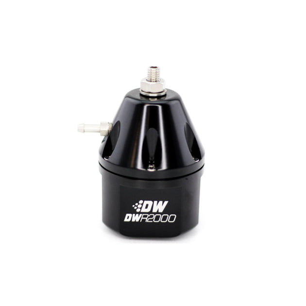 DeatschWerks DWR2000 black adjustable fuel pressure regulator for automotive engines, shown in close-up.